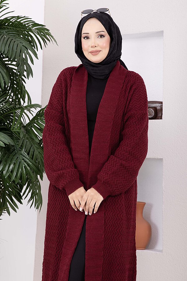 Şal Yaka Desenli Uzun Triko Hırka Bordo (1)