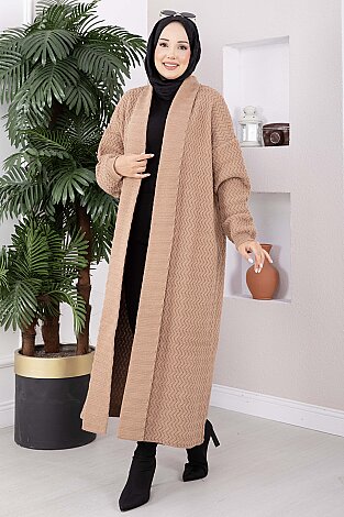 Şal Yaka Desenli Uzun Triko Hırka Camel - 3