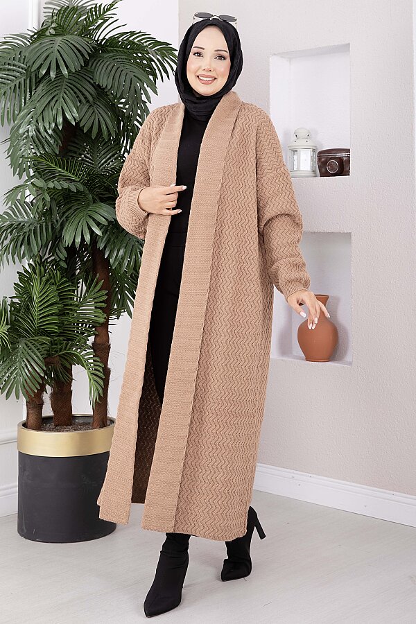 Şal Yaka Desenli Uzun Triko Hırka Camel - 3