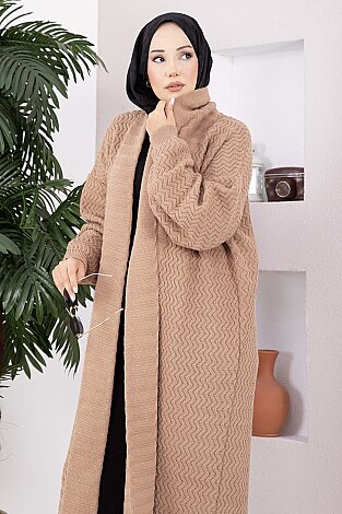 Şal Yaka Desenli Uzun Triko Hırka Camel - 2