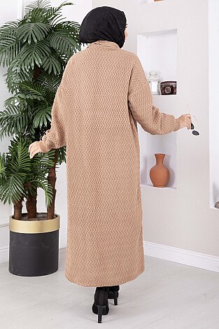 Şal Yaka Desenli Uzun Triko Hırka Camel - 4