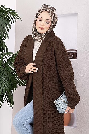 Şal Yaka Desenli Uzun Triko Hırka Kahve - 2