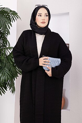 Şal Yaka Desenli Uzun Triko Hırka Siyah - 2