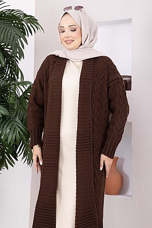Şal Yaka Saç Örgü Uzun Triko Hırka Kahve - 2