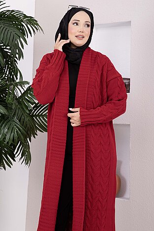Şal Yaka Saç Örgü Uzun Triko Hırka Kırmızı - 2