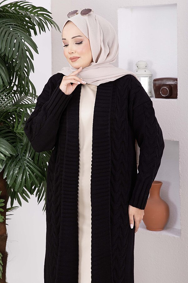 Şal Yaka Saç Örgü Uzun Triko Hırka Siyah (1)