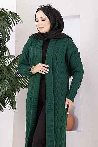 Şal Yaka Saç Örgü Uzun Triko Hırka Zümrüt - 2