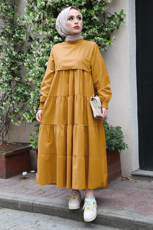 Salaş Fırfırlı Robalı Elbise 100MD17643 Hardal - Thumbnail