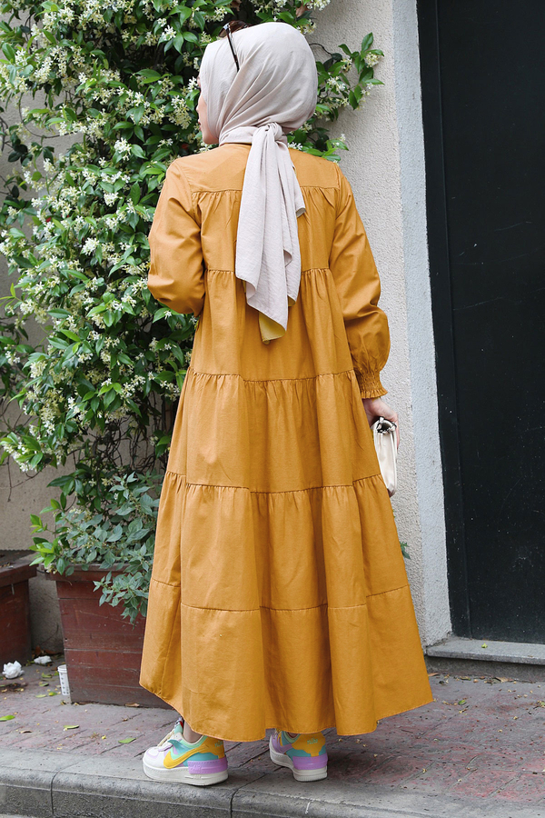 Salaş Fırfırlı Robalı Elbise 100MD17643 Hardal