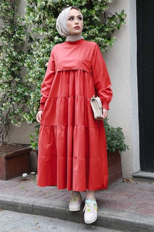 Salaş Fırfırlı Robalı Elbise 100MD17643 Kırmızı - Thumbnail