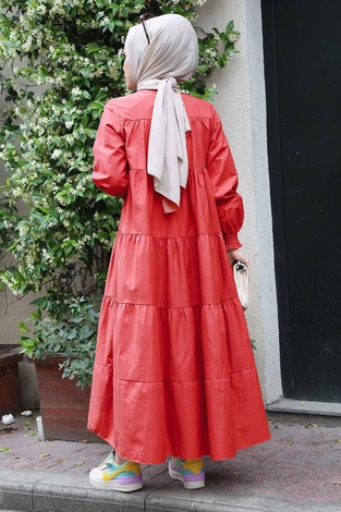 Salaş Fırfırlı Robalı Elbise 100MD17643 Kırmızı - Thumbnail