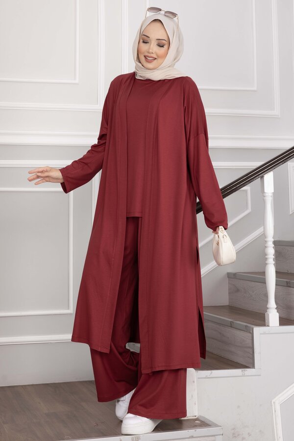 Salaş Kesim Yazlık Üçlü Takım Bordo - 3