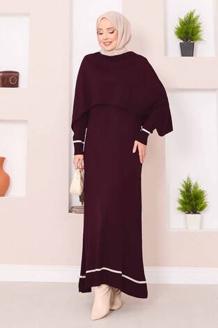 Şallı Çizgi Detaylı Tesettür Triko Elbise Bordo - Thumbnail