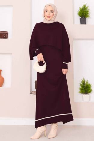 Şallı Çizgi Detaylı Tesettür Triko Elbise Bordo - Thumbnail