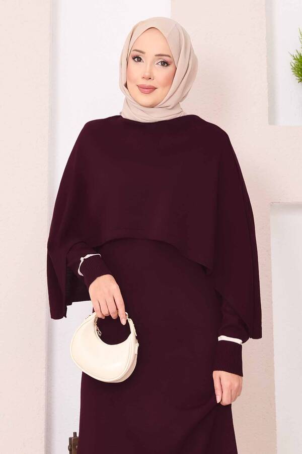 Frx - Şallı Çizgi Detaylı Tesettür Triko Elbise Bordo (1)