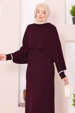Şallı Çizgi Detaylı Tesettür Triko Elbise Bordo - Thumbnail