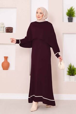 Şallı Çizgi Detaylı Tesettür Triko Elbise Bordo