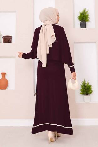 Şallı Çizgi Detaylı Tesettür Triko Elbise Bordo - Thumbnail