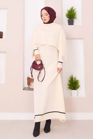 Şallı Çizgi Detaylı Tesettür Triko Elbise Ekru - Thumbnail