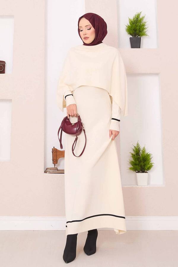Frx - Şallı Çizgi Detaylı Tesettür Triko Elbise Ekru
