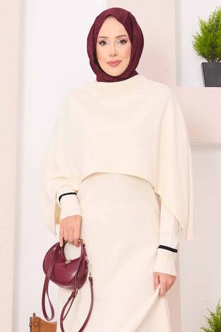 Şallı Çizgi Detaylı Tesettür Triko Elbise Ekru - Thumbnail