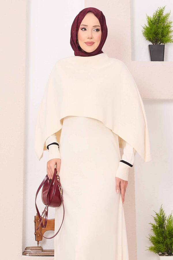 Frx - Şallı Çizgi Detaylı Tesettür Triko Elbise Ekru (1)