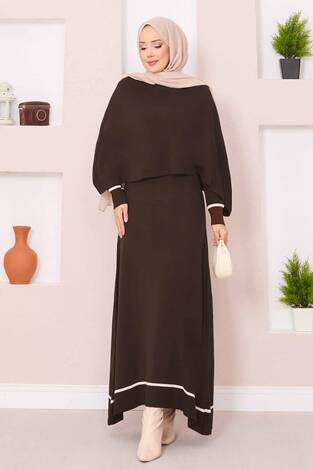 Şallı Çizgi Detaylı Tesettür Triko Elbise Kahve