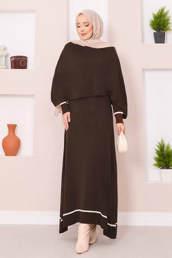 Frx - Şallı Çizgi Detaylı Tesettür Triko Elbise Kahve