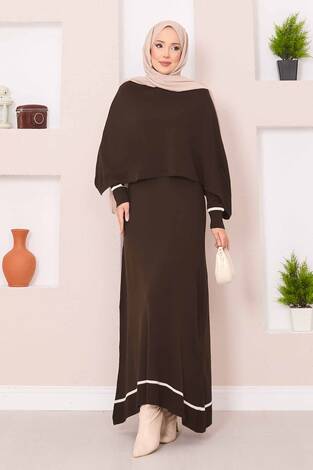 Şallı Çizgi Detaylı Tesettür Triko Elbise Kahve - Thumbnail