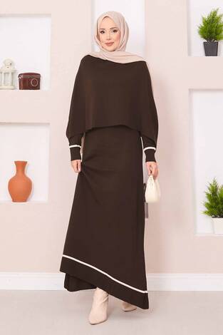 Şallı Çizgi Detaylı Tesettür Triko Elbise Kahve - Thumbnail