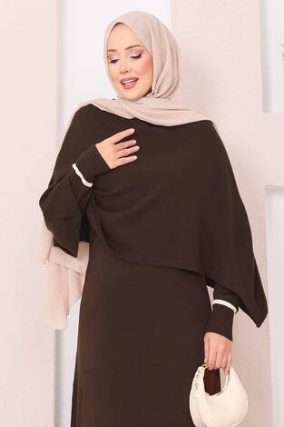 Şallı Çizgi Detaylı Tesettür Triko Elbise Kahve - Thumbnail