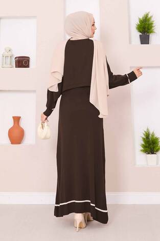 Şallı Çizgi Detaylı Tesettür Triko Elbise Kahve - Thumbnail