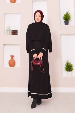 Şallı Çizgi Detaylı Tesettür Triko Elbise Siyah - Thumbnail