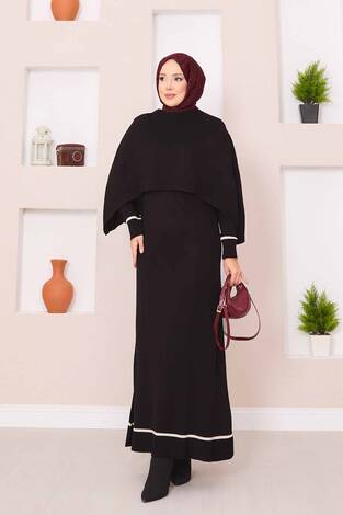 Şallı Çizgi Detaylı Tesettür Triko Elbise Siyah - Thumbnail