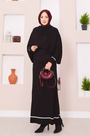 Şallı Çizgi Detaylı Tesettür Triko Elbise Siyah - Thumbnail