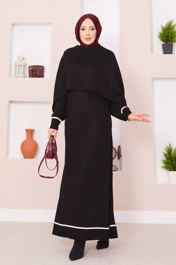 Frx - Şallı Çizgi Detaylı Tesettür Triko Elbise Siyah