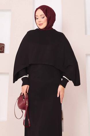 Şallı Çizgi Detaylı Tesettür Triko Elbise Siyah - Thumbnail