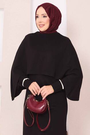 Şallı Çizgi Detaylı Tesettür Triko Elbise Siyah - Thumbnail