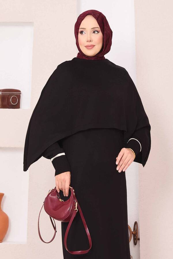 Frx - Şallı Çizgi Detaylı Tesettür Triko Elbise Siyah (1)