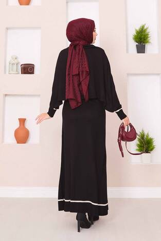 Şallı Çizgi Detaylı Tesettür Triko Elbise Siyah - Thumbnail