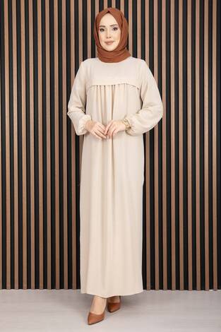 Sare Roba Detaylı Tesettür Elbise Bej - Thumbnail