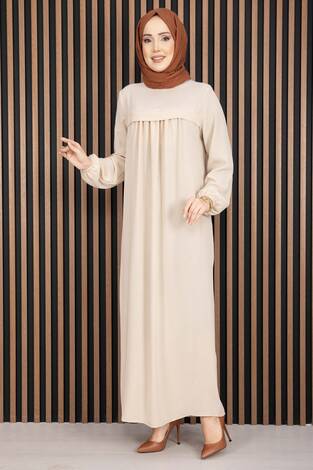 Sare Roba Detaylı Tesettür Elbise Bej