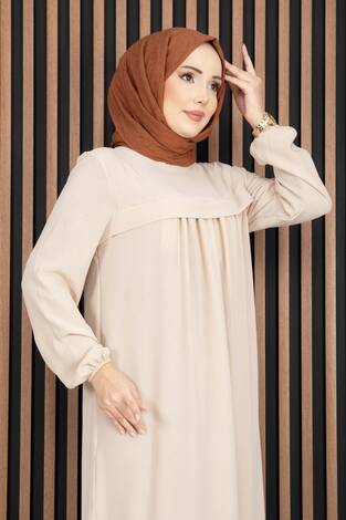 Sare Roba Detaylı Tesettür Elbise Bej - Thumbnail