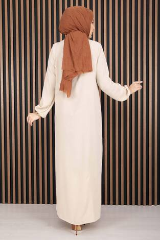 Sare Roba Detaylı Tesettür Elbise Bej - Thumbnail