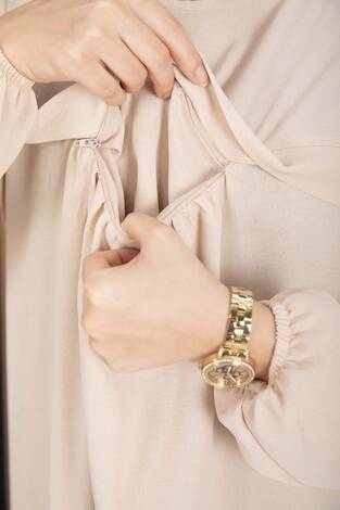 Sare Roba Detaylı Tesettür Elbise Bej - Thumbnail