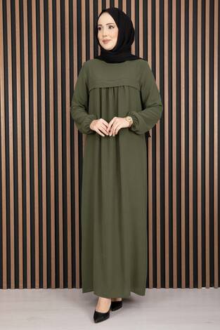 Sare Roba Detaylı Tesettür Elbise Haki - Thumbnail