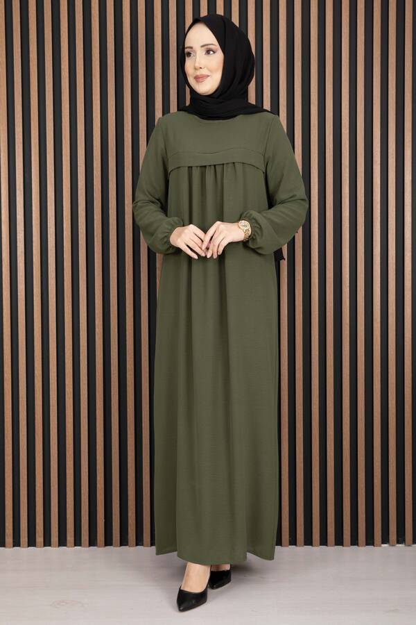 Df - Sare Roba Detaylı Tesettür Elbise Haki