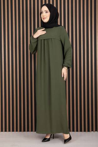 Sare Roba Detaylı Tesettür Elbise Haki - Thumbnail