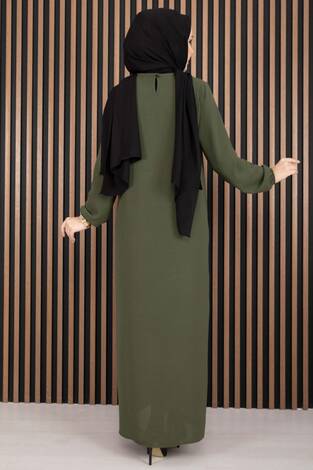 Sare Roba Detaylı Tesettür Elbise Haki - Thumbnail