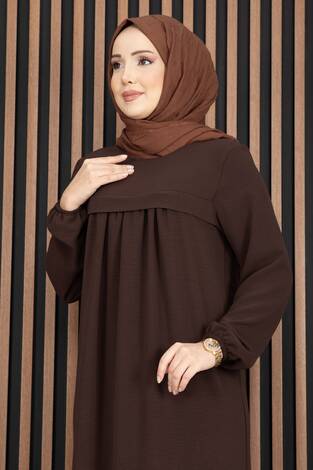 Sare Roba Detaylı Tesettür Elbise Kahve - Thumbnail